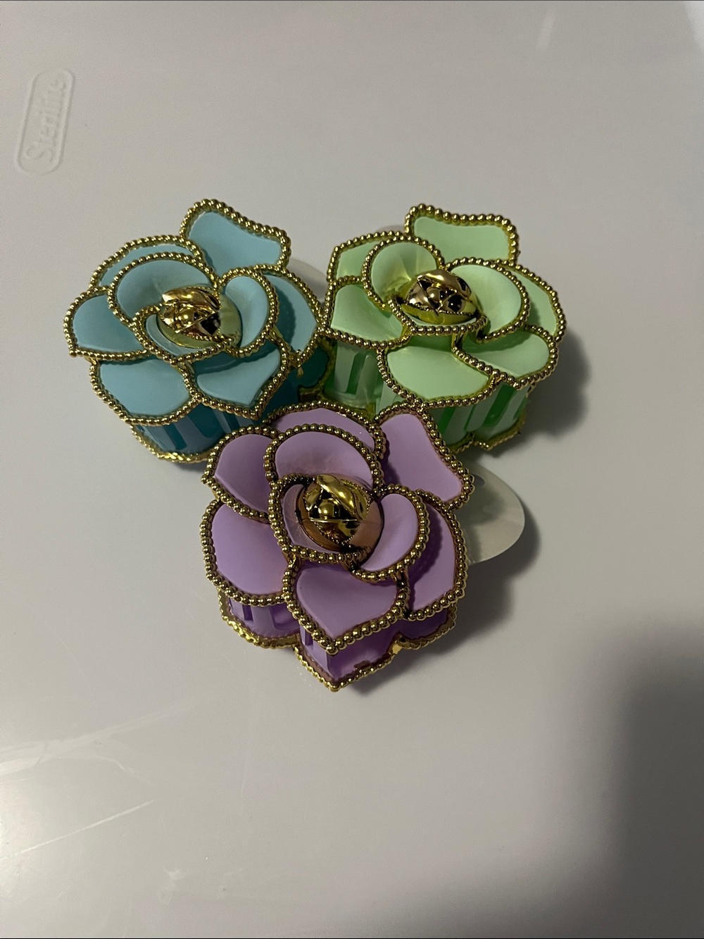Gold-Trim Rose Hair Clips in Lavender, Mint & Sky Blue